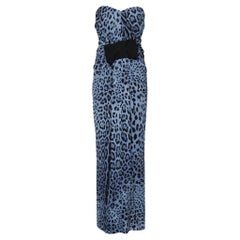 Dolce & Gabbana Blaues trägerloses Maxikleid aus bedruckter Seide mit Tierschleife, L