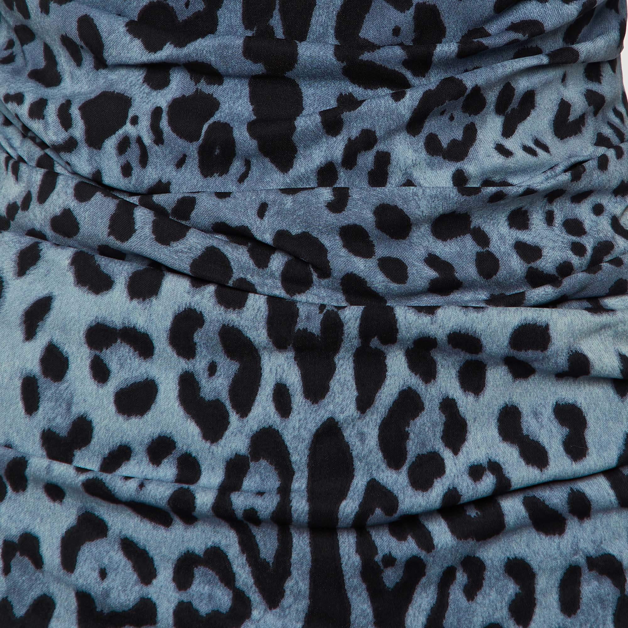 Dolce & Gabbana Blue Animal Printed Silk Ruched Mini Dress M In Good Condition In Dubai, Al Qouz 2