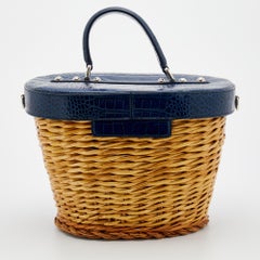Dolce & Gabbana Blue/Beige Straw And Embossed Leather Wicker Bag