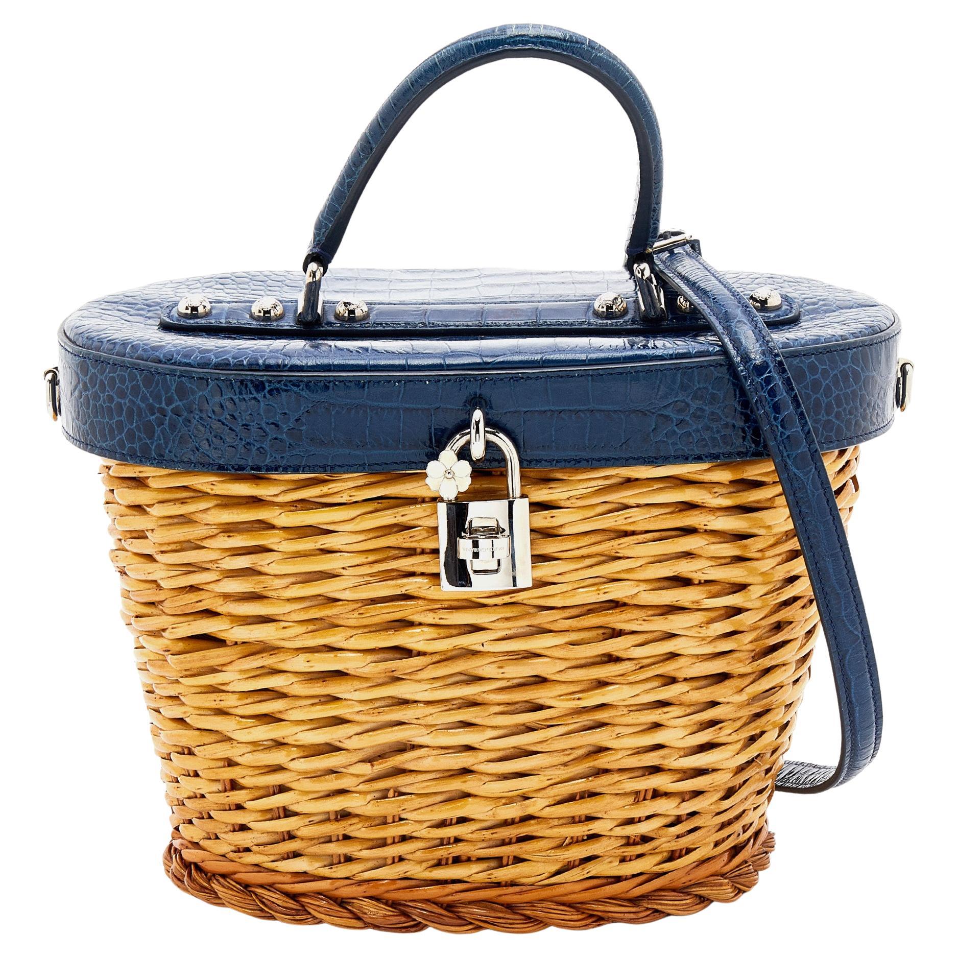 Dolce & Gabbana Blue/Beige Straw And Embossed Leather Wicker Bag