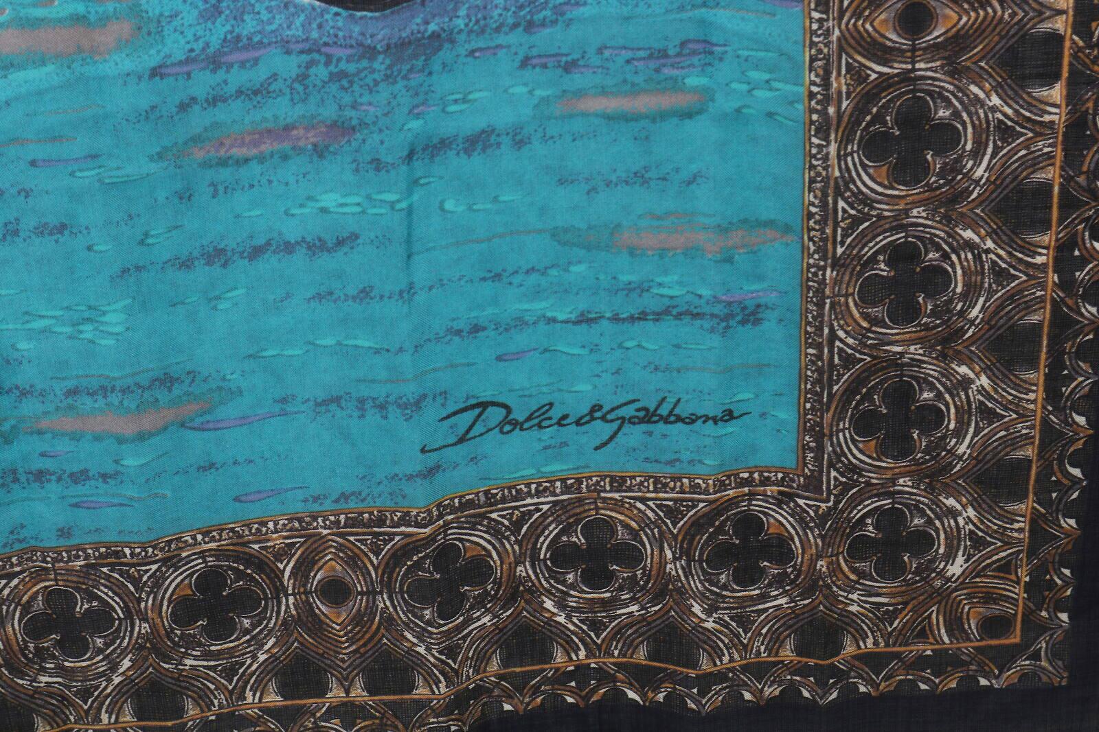 Women's Dolce & Gabbana Blue Black Cashmere Silk Venezia Scarf Wrap Cover Up DG Italy