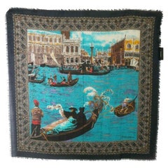 Dolce & Gabbana Blue Black Cashmere Silk Venezia Scarf Wrap Cover Up DG Italy