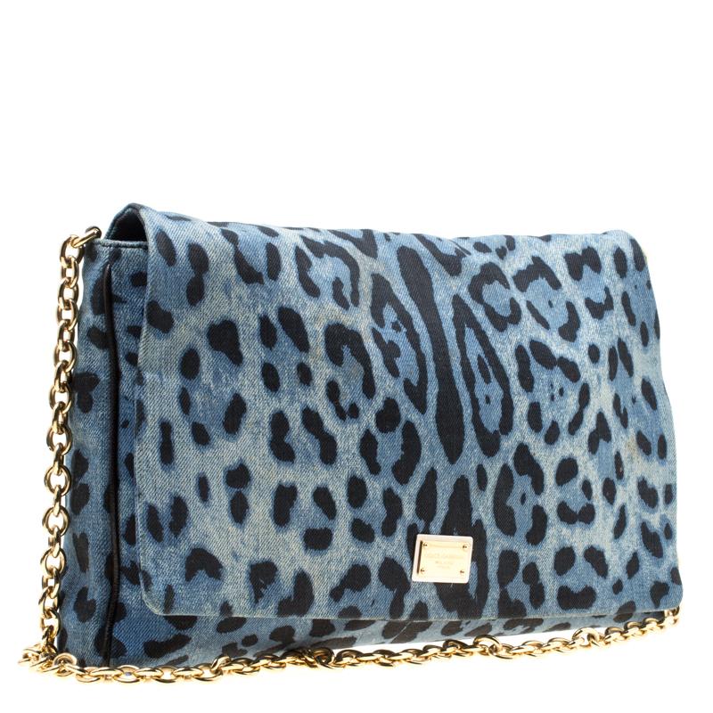 Gray Dolce & Gabbana Blue/Black Leopard Print Denim Chain Shoulder Bag