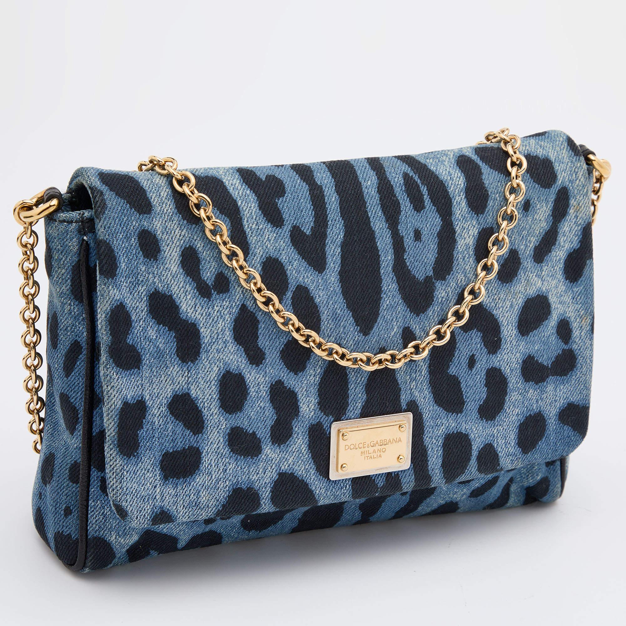 Women's Dolce & Gabbana Blue/Black Leopard Print Denim Chain Shoulder Bag