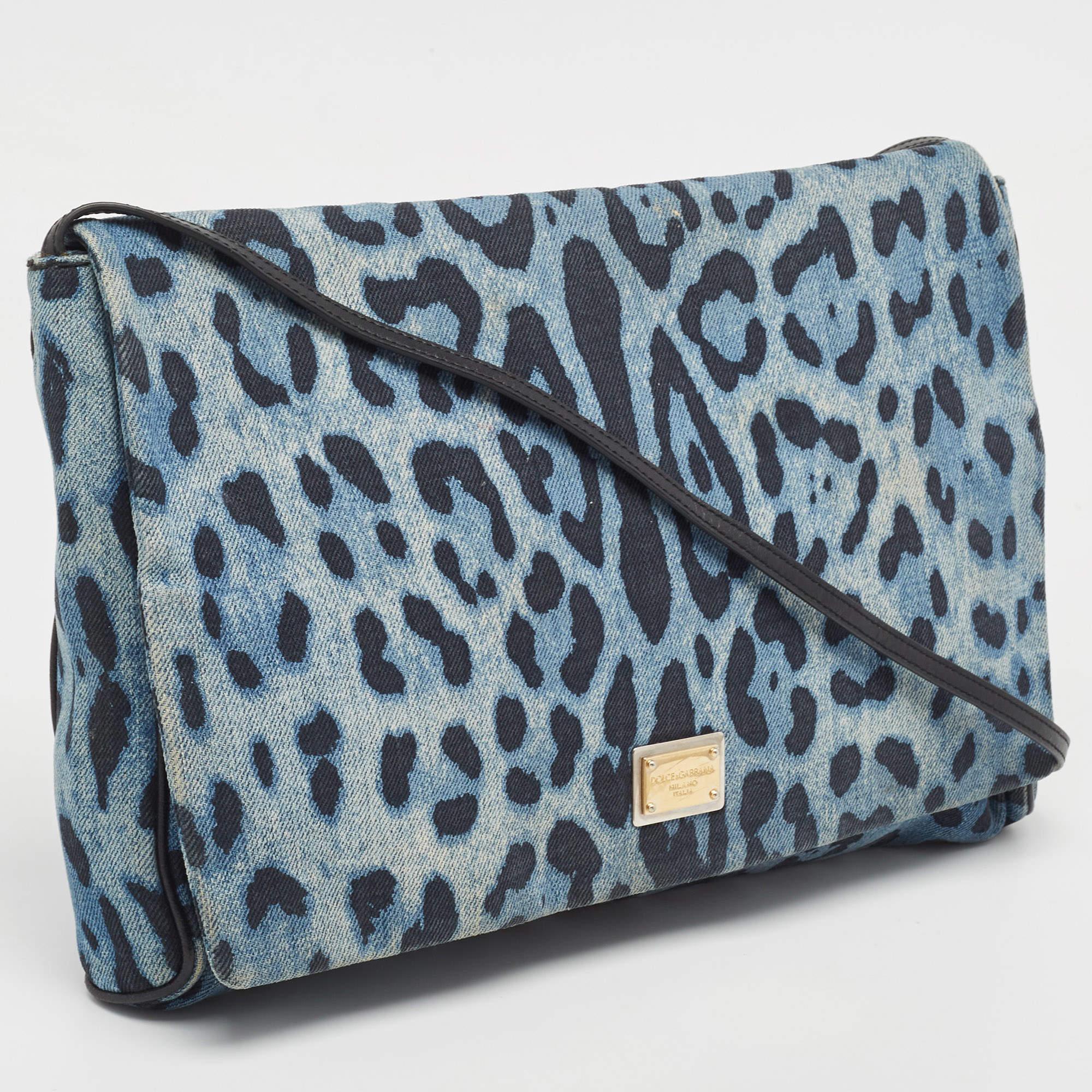 Gray Dolce & Gabbana Blue/Black Leopard Print Denim Flap Shoulder Bag