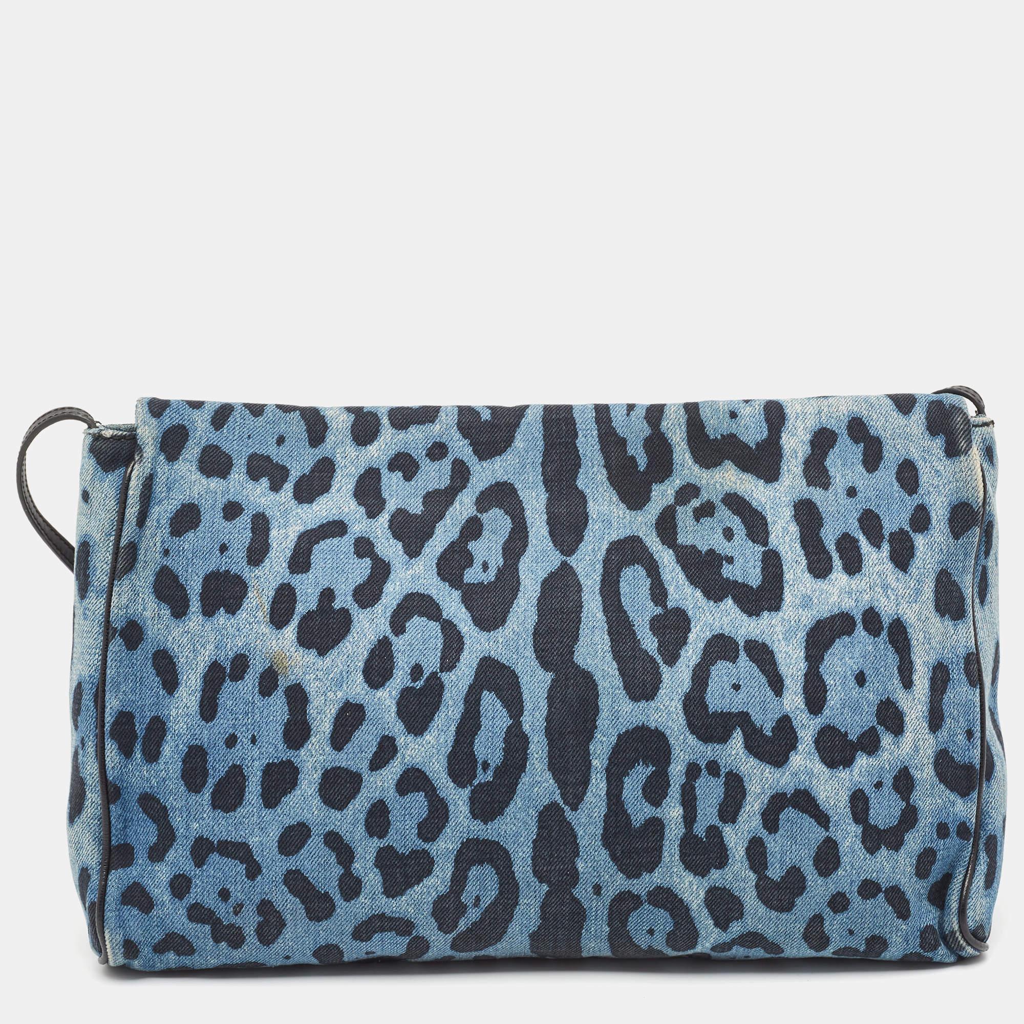 Dolce & Gabbana Blue/Black Leopard Print Denim Flap Shoulder Bag 1