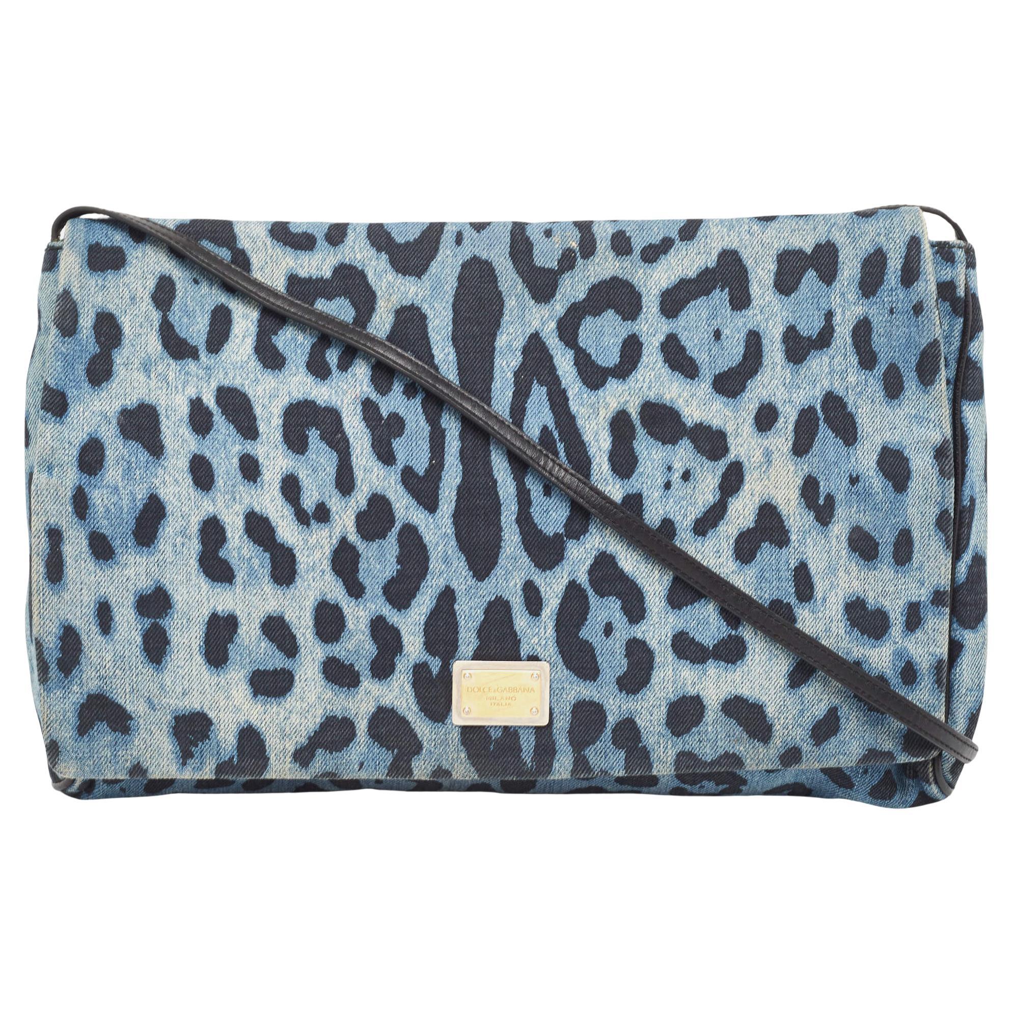 Dolce & Gabbana Blue/Black Leopard Print Denim Flap Shoulder Bag