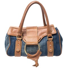 Dolce & Gabbana Blue/Brown Denim and Leather Flap D- Ring Satchel