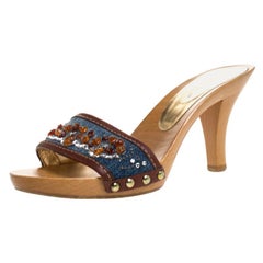 Dolce & Gabbana Blue/Brown Denim And Leather Trim Embellished Slide Sandals 36