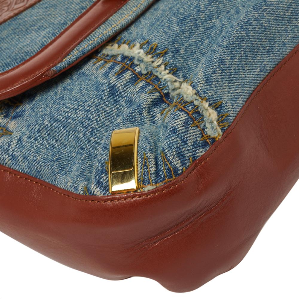 Dolce & Gabbana Blue/Brown Leather and Denim Buckle Detail Satchel Bag 2