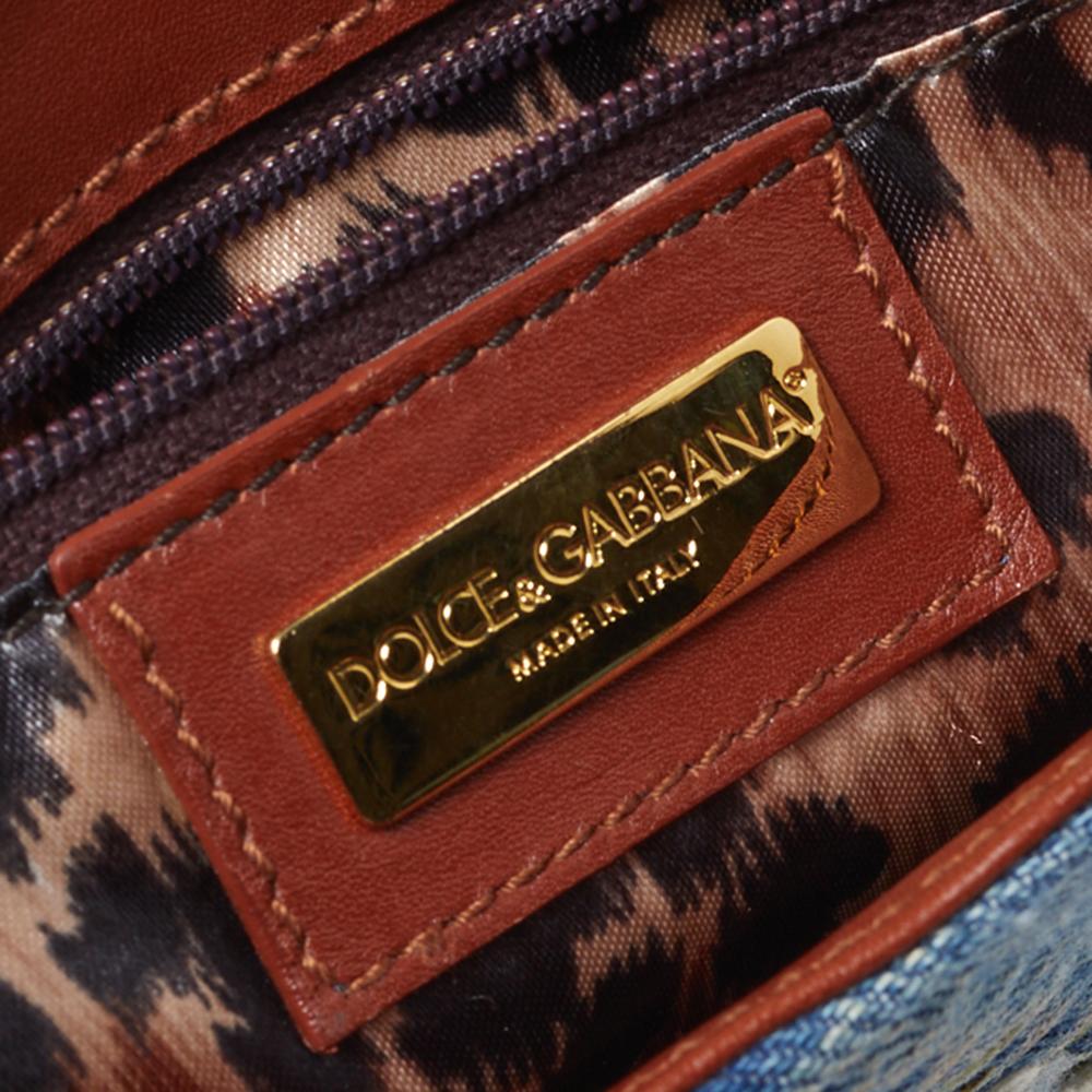 Dolce & Gabbana Blue/Brown Leather and Denim Buckle Detail Satchel Bag In Good Condition In Dubai, Al Qouz 2