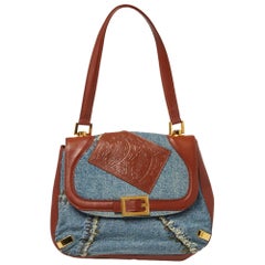 Dolce & Gabbana Blue/Brown Leather and Denim Buckle Detail Satchel Bag