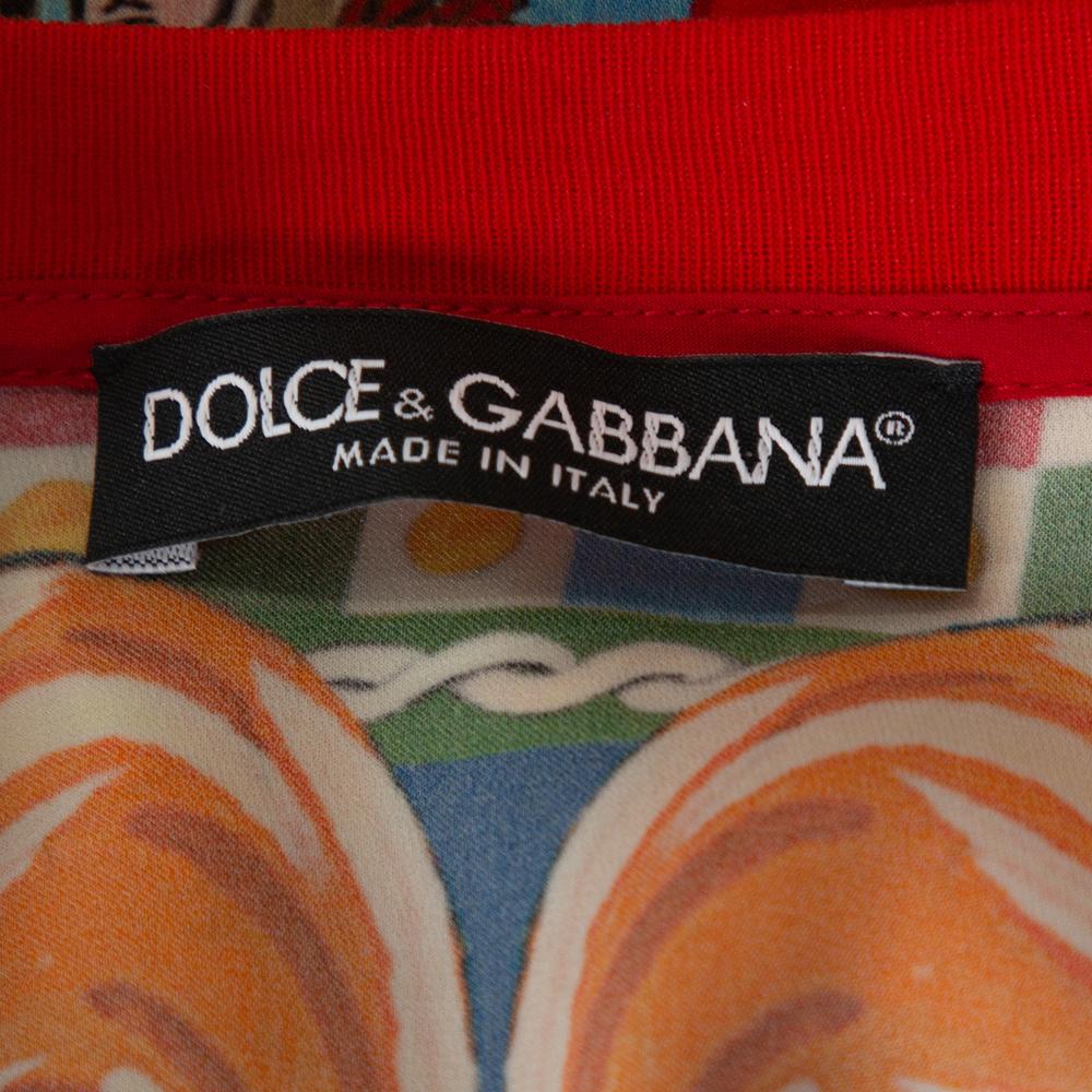 Beige Dolce & Gabbana Blue Carretto Siciliano Print Silk Crew Neck Top S