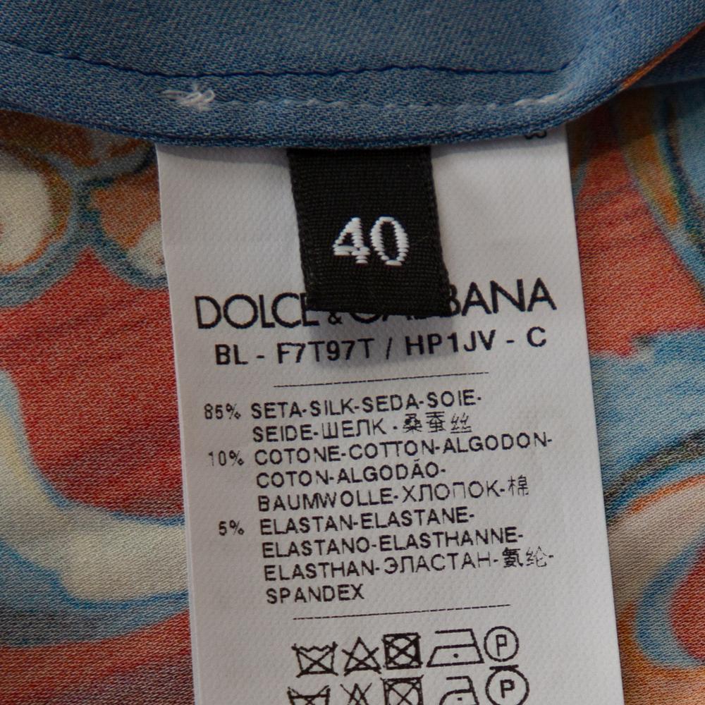 Dolce & Gabbana Blue Carretto Siciliano Print Silk Crew Neck Top S In Good Condition In Dubai, Al Qouz 2