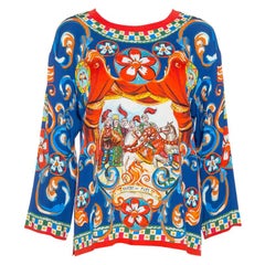 Dolce & Gabbana Blau Carretto Siciliano Druck Seide Rundhalsausschnitt Top S