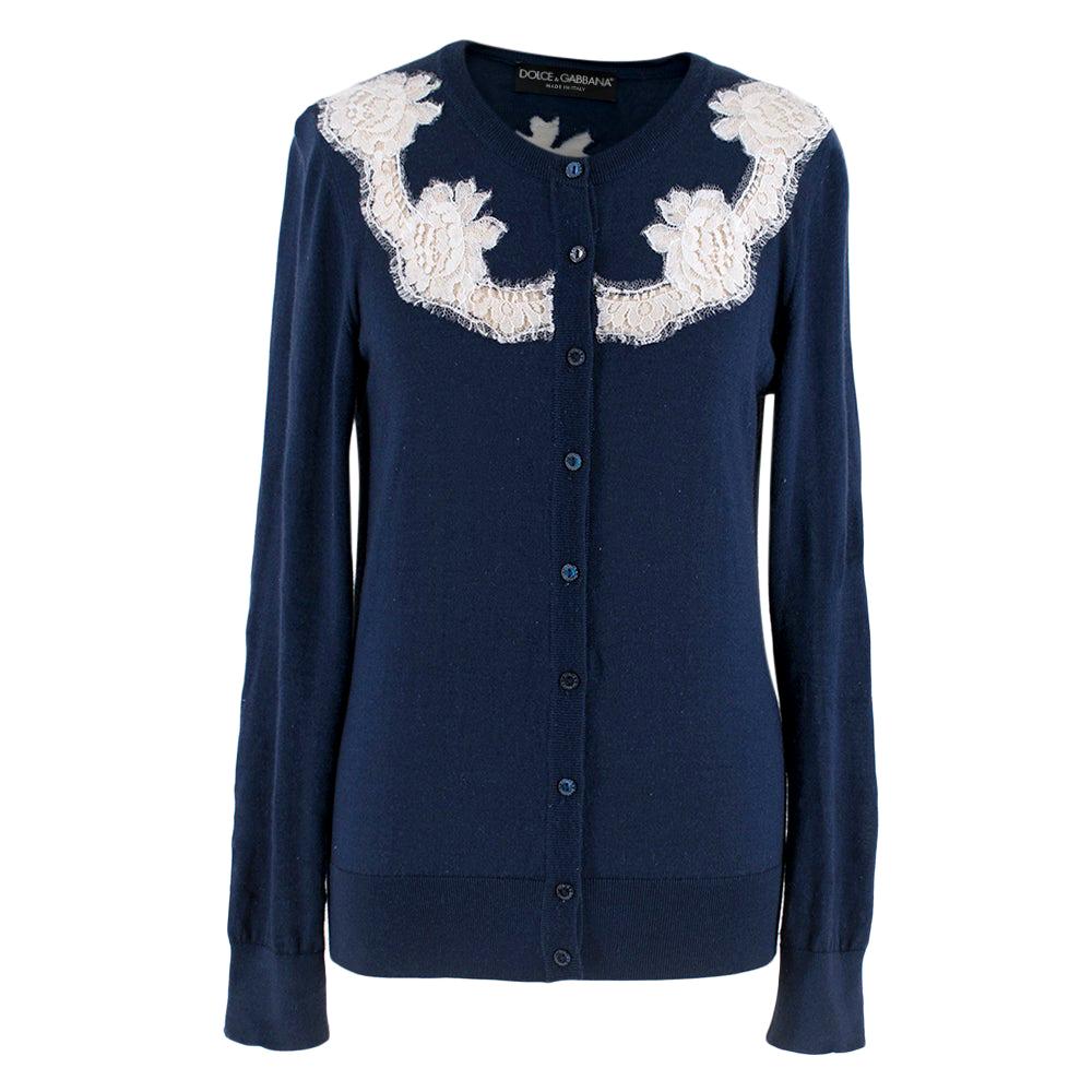 Dolce & Gabbana Blue Cashmere and Silk Lace Trim Cardigan - Size US 4