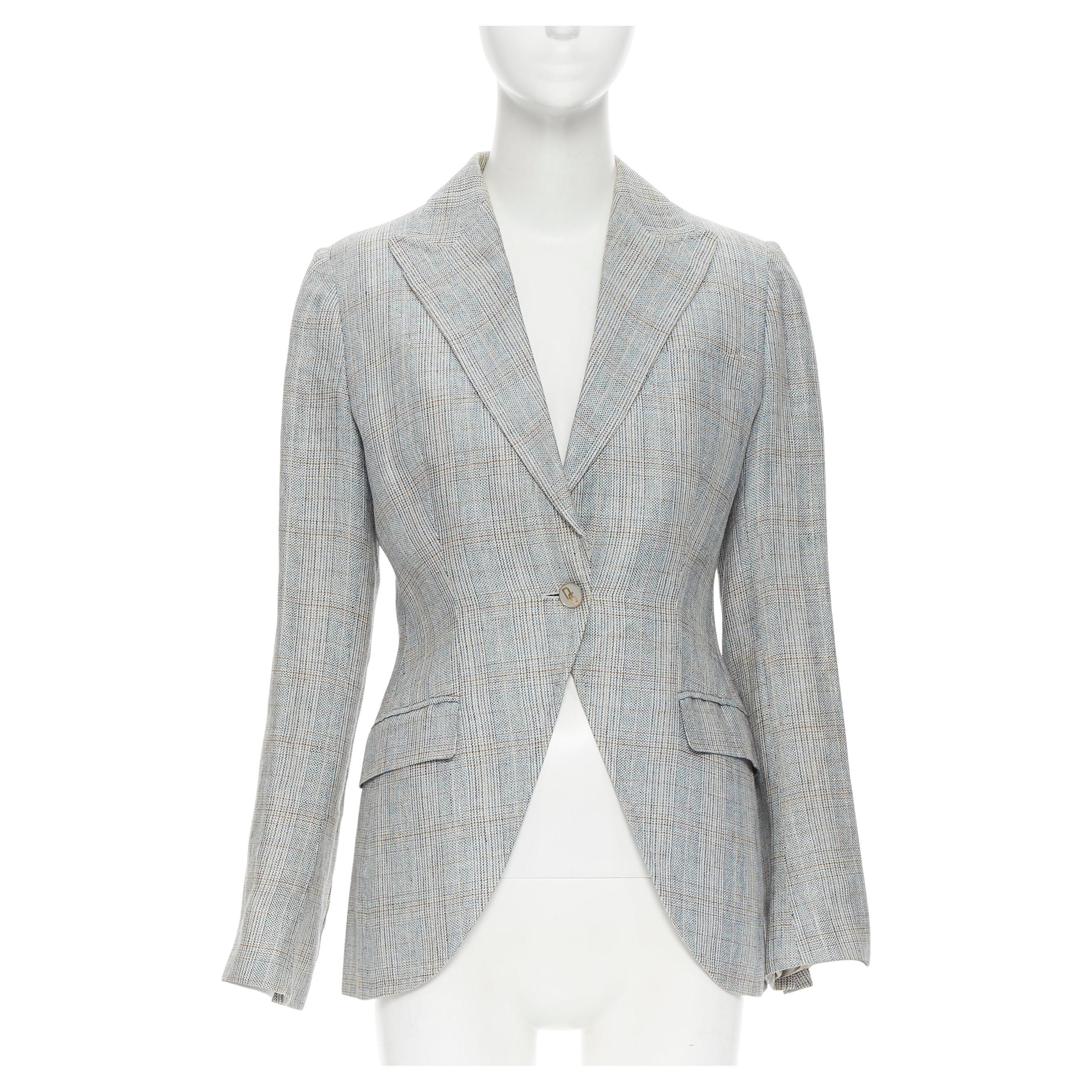 DOLCE GABBANA blue check wool tweed one button cutaway blazer pant suit IT42 M For Sale