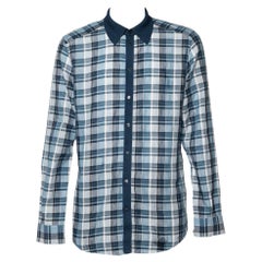 Dolce 
Gabbana Blue Checkered Cotton Knit trim Gold Fit Shirt XXL