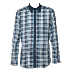 Dolce 
Gabbana Blue Checkered Cotton Knit trim Gold Fit Shirt XXL