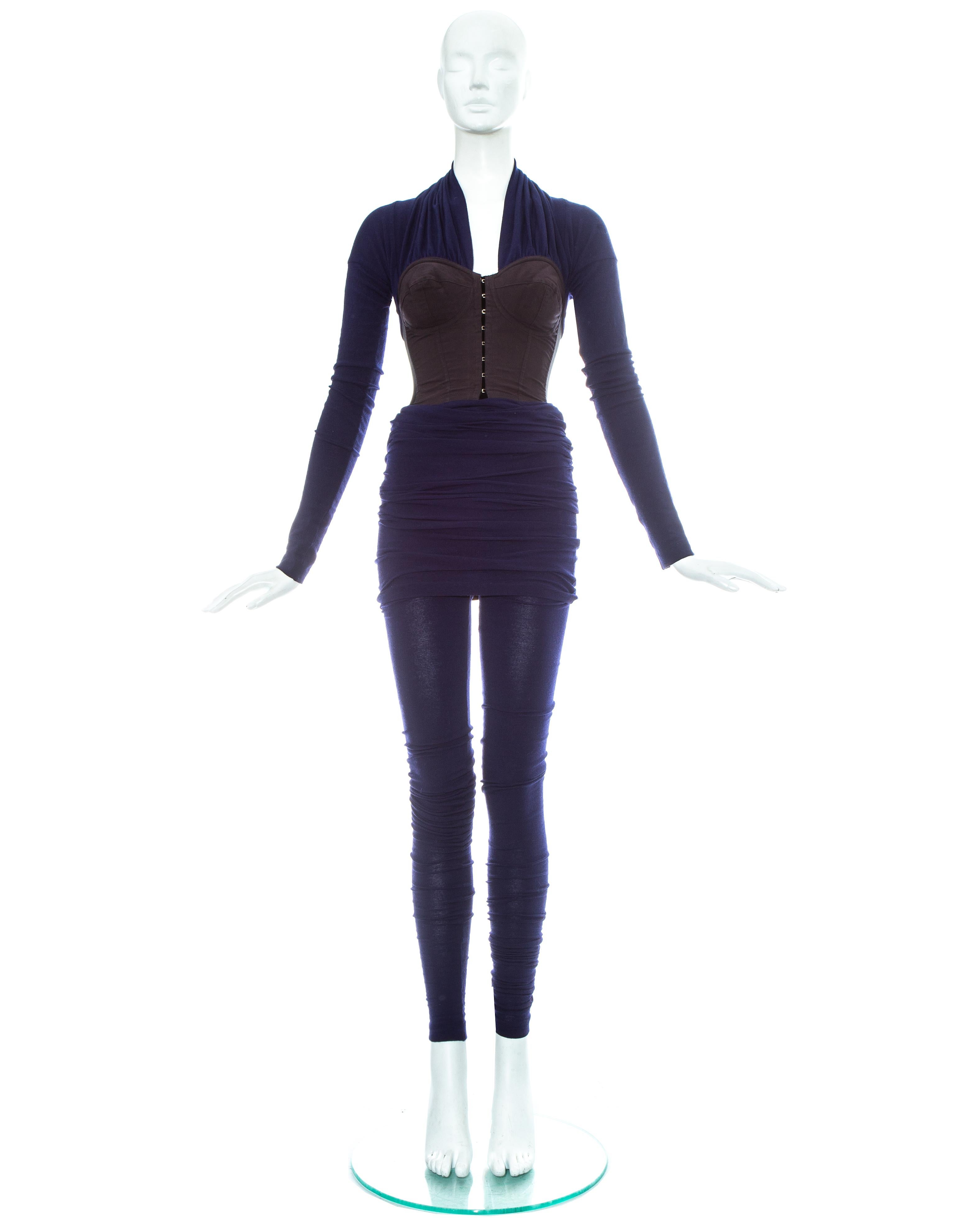 Dolce & Gabbana; blue cotton elastic jersey jumpsuit consisting of a corset and leggings.   

- Boned corset with hook and eye metal fastenings and long fitted sleeves 
- Extra long leggings with turn-over skirt; designed to be ruched up the leg  