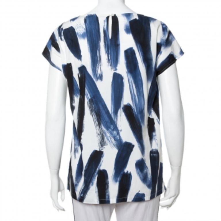Dolce & Gabbana Blue Cotton Brushstroke Print Short Sleeve Tunic Top M In Good Condition For Sale In Dubai, Al Qouz 2