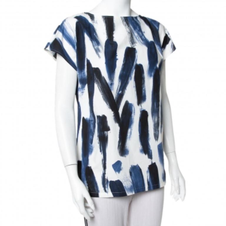 Dolce & Gabbana Blue Cotton Brushstroke Print Short Sleeve Tunic Top M For Sale 1