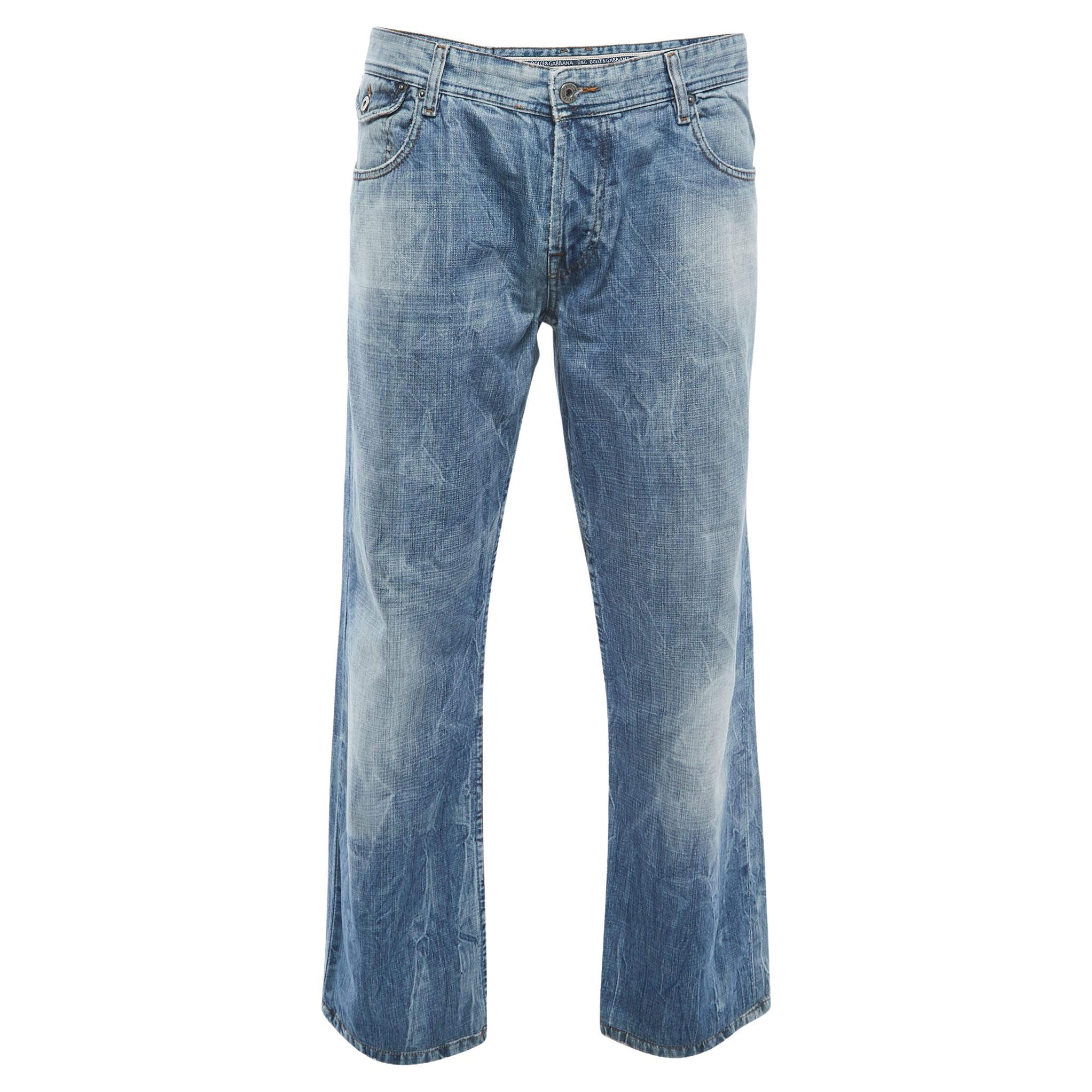 Dolce & Gabbana Blue Crinkled & Washed Denim Jeans 4XL Waist 39" For Sale