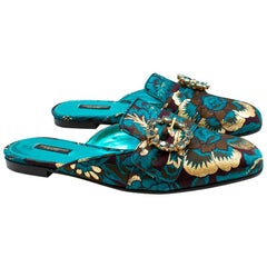 Dolce & Gabbana Blue Crystal Embellished Brocade Slippers 39.5
