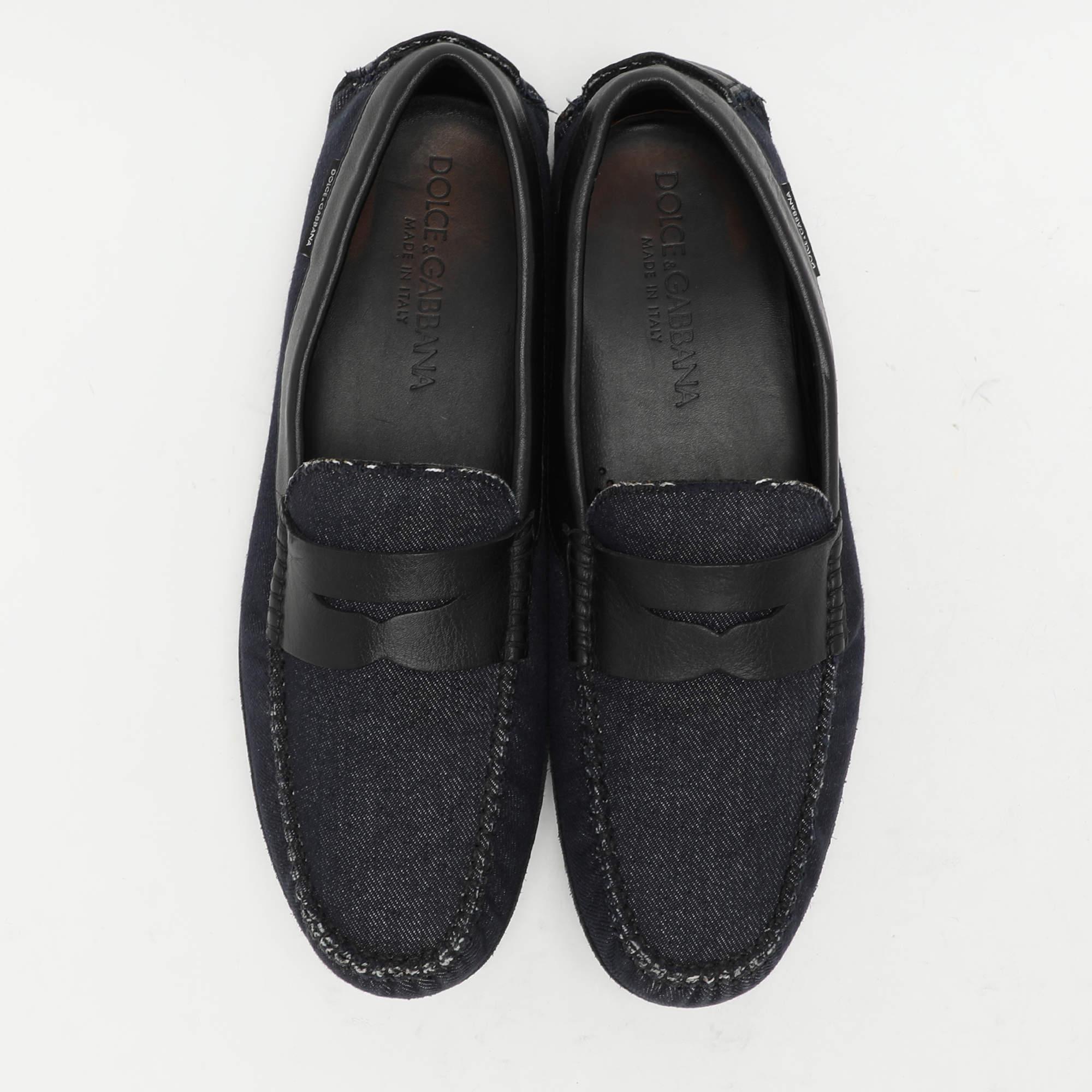 Black Dolce & Gabbana Blue Denim and Leather Penny Loafers Size 42 For Sale