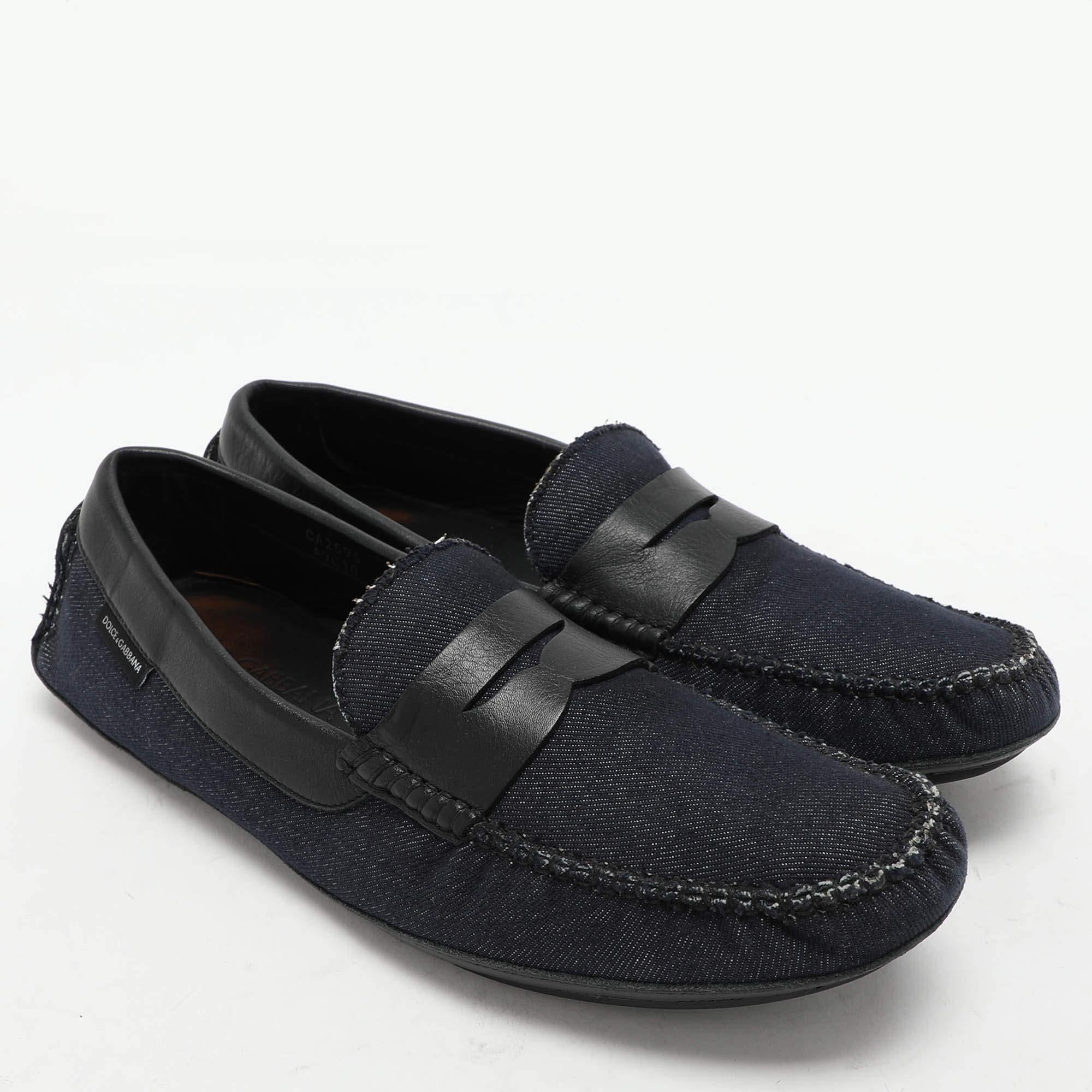 Dolce & Gabbana Blue Denim and Leather Penny Loafers Size 42 In Good Condition For Sale In Dubai, Al Qouz 2