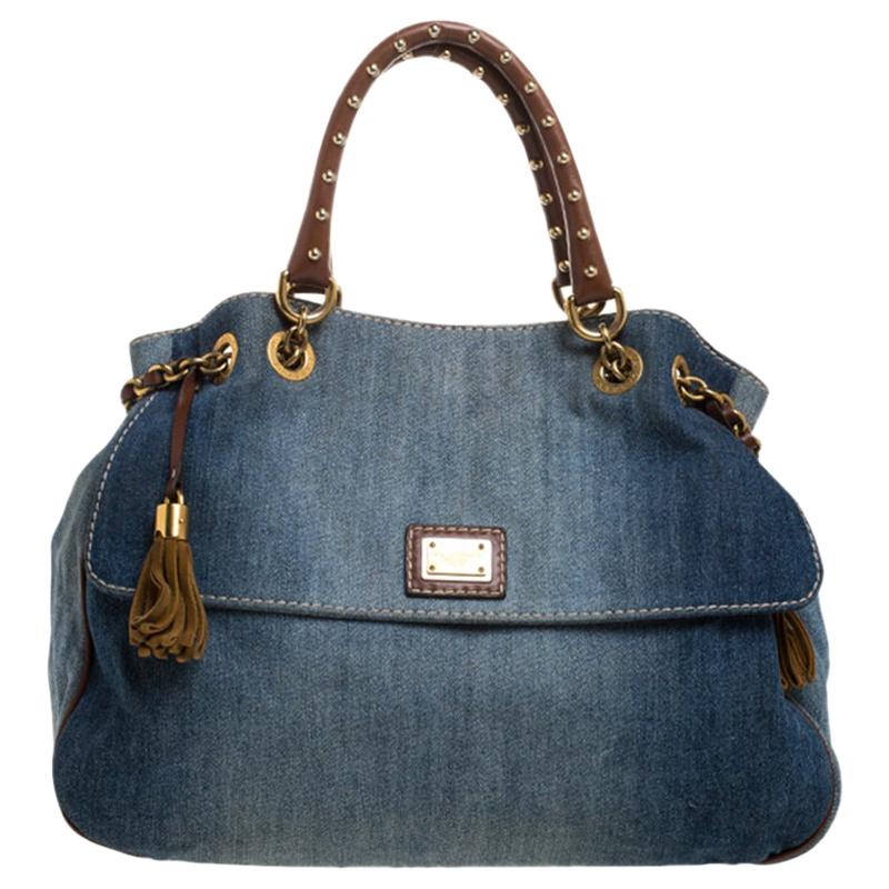 Dolce & Gabbana Blue Denim and Leather Studded Handle Chain Tote