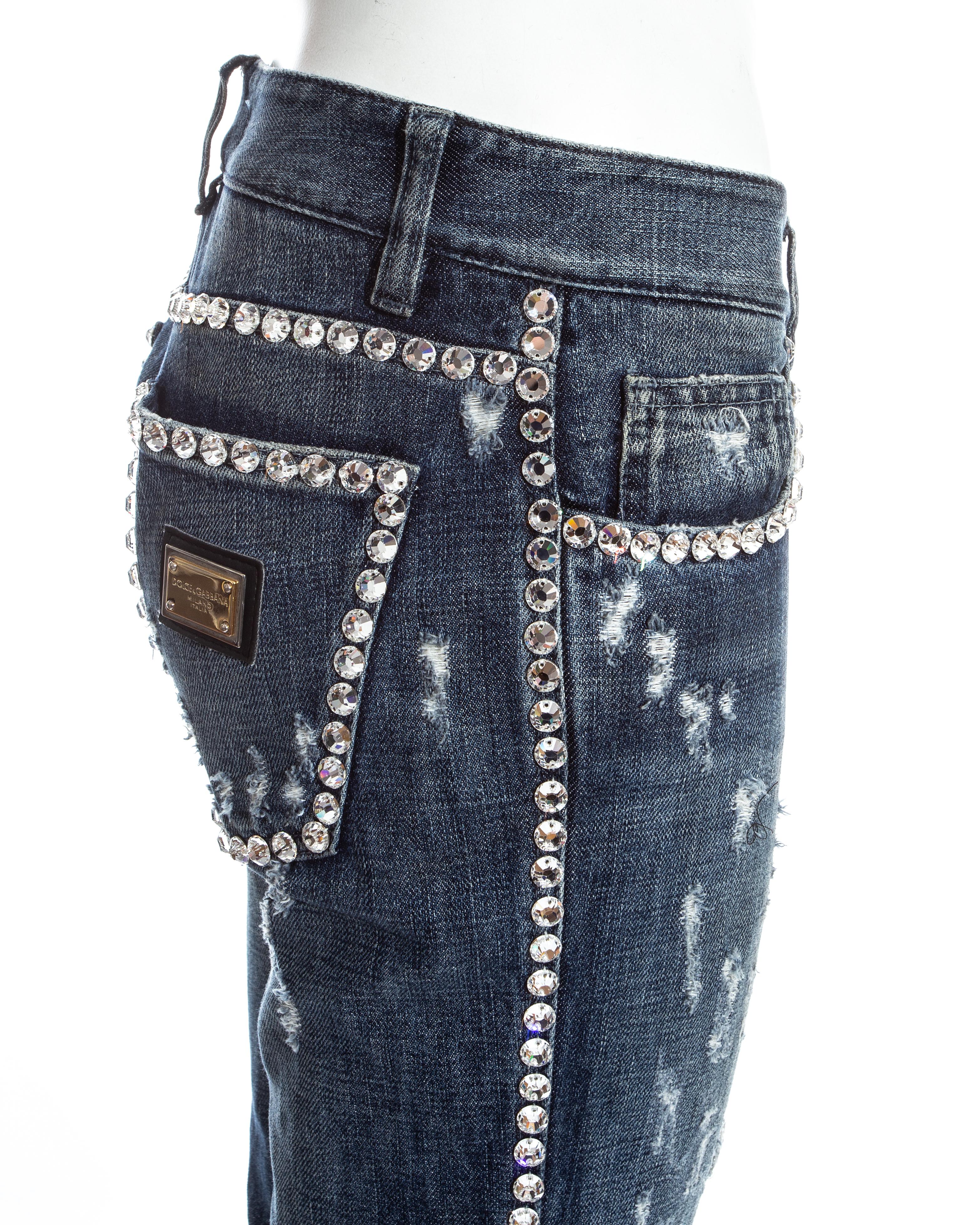 Gray Dolce & Gabbana blue denim embellished distressed jeans, ss 2001