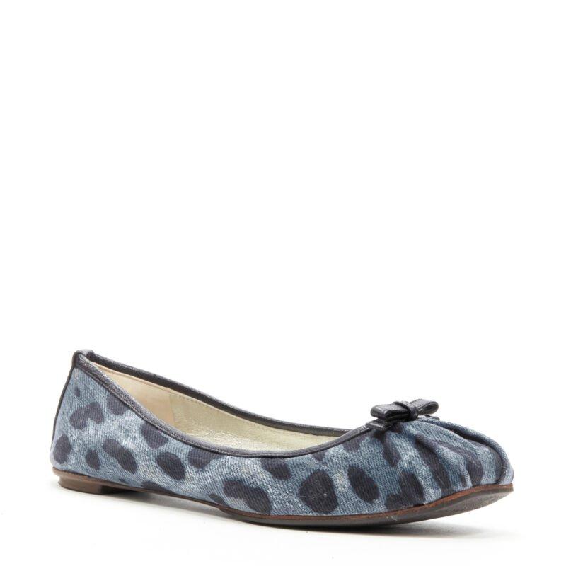 Gray DOLCE GABBANA blue denim leopard leather bow ballerina flats EU36.5
