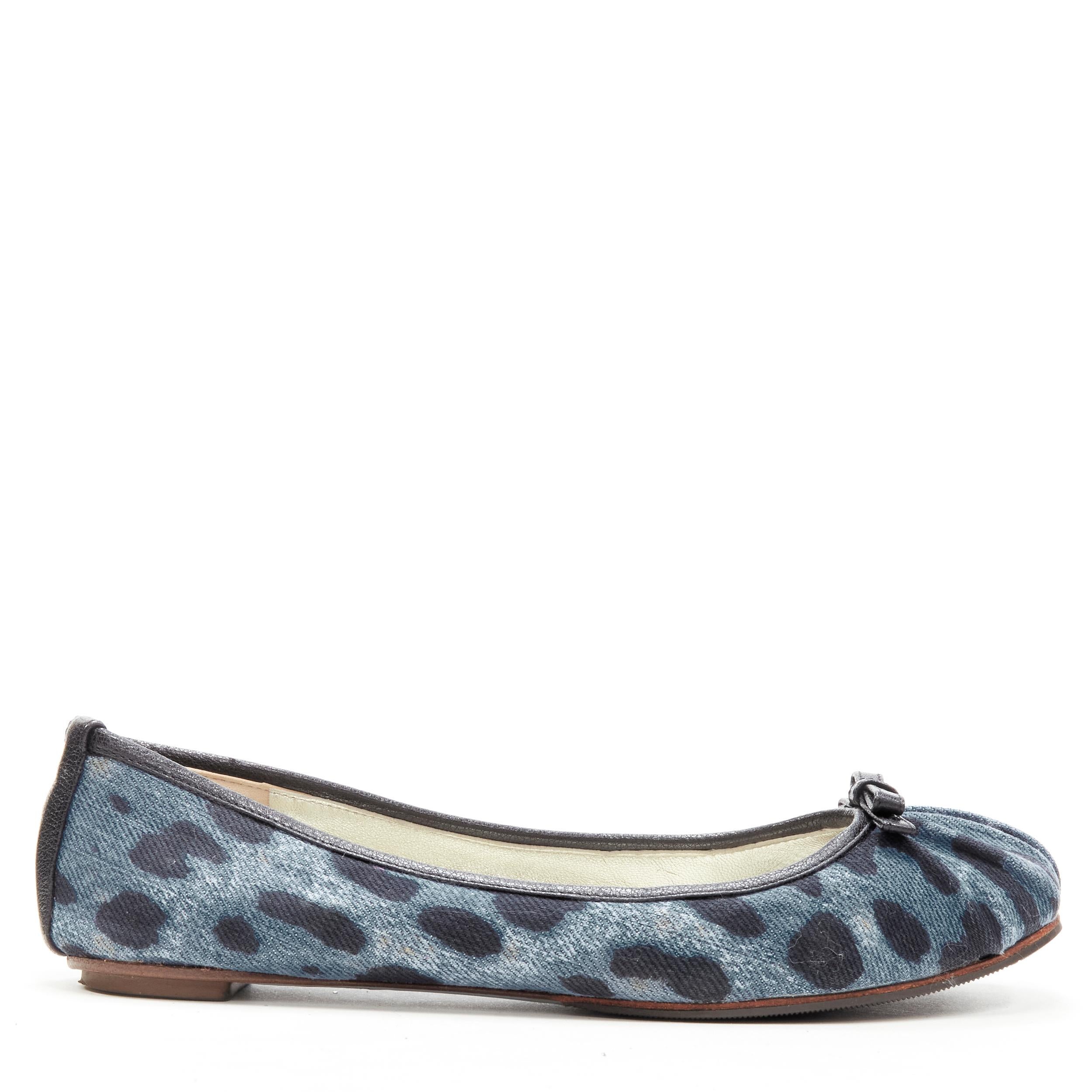 Gray DOLCE GABBANA blue denim leopard leather bow ballerina flats EU36.5