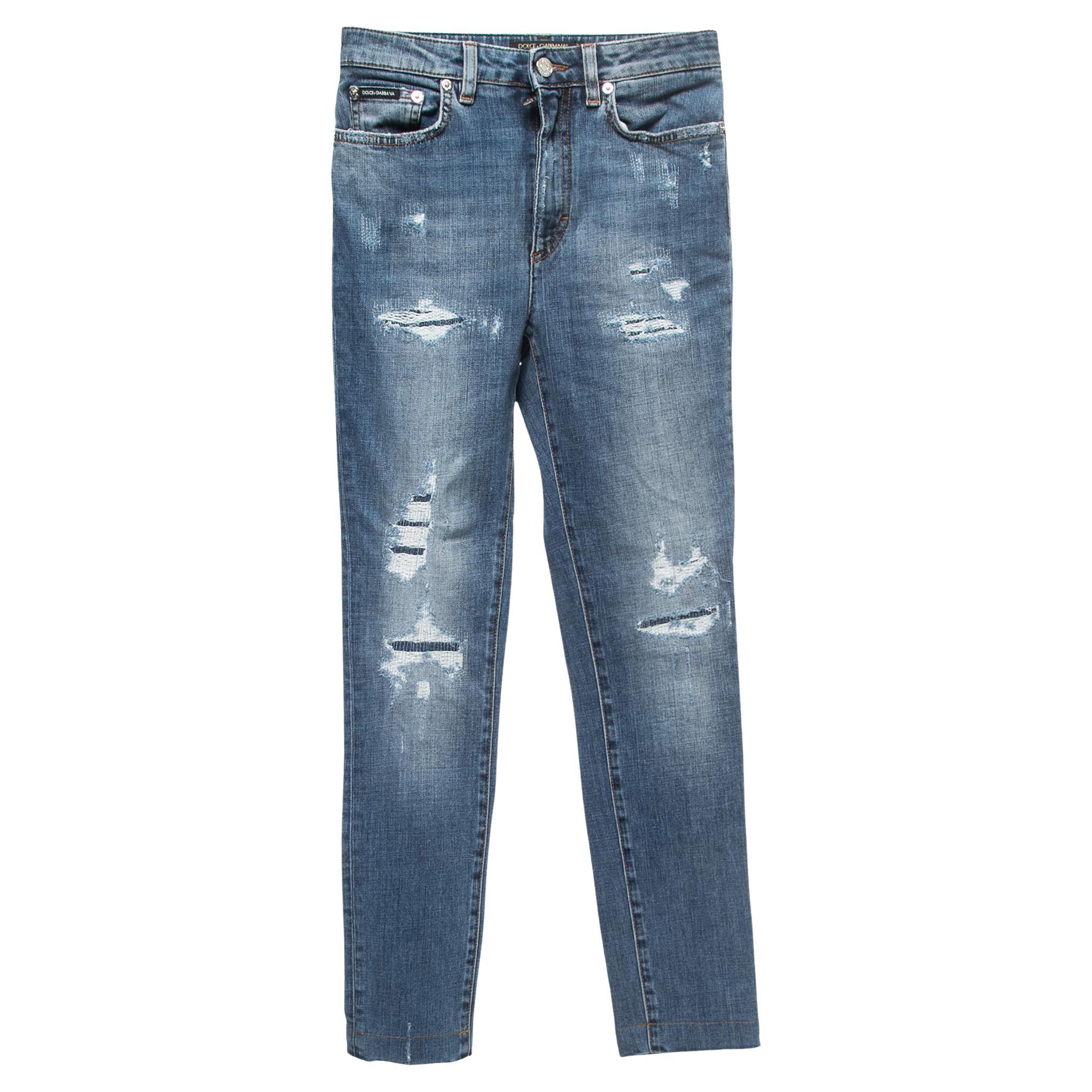 Dolce & Gabbana Blue Distressed Denim Audrey Skinny Jeans XS Waist 24" For Sale