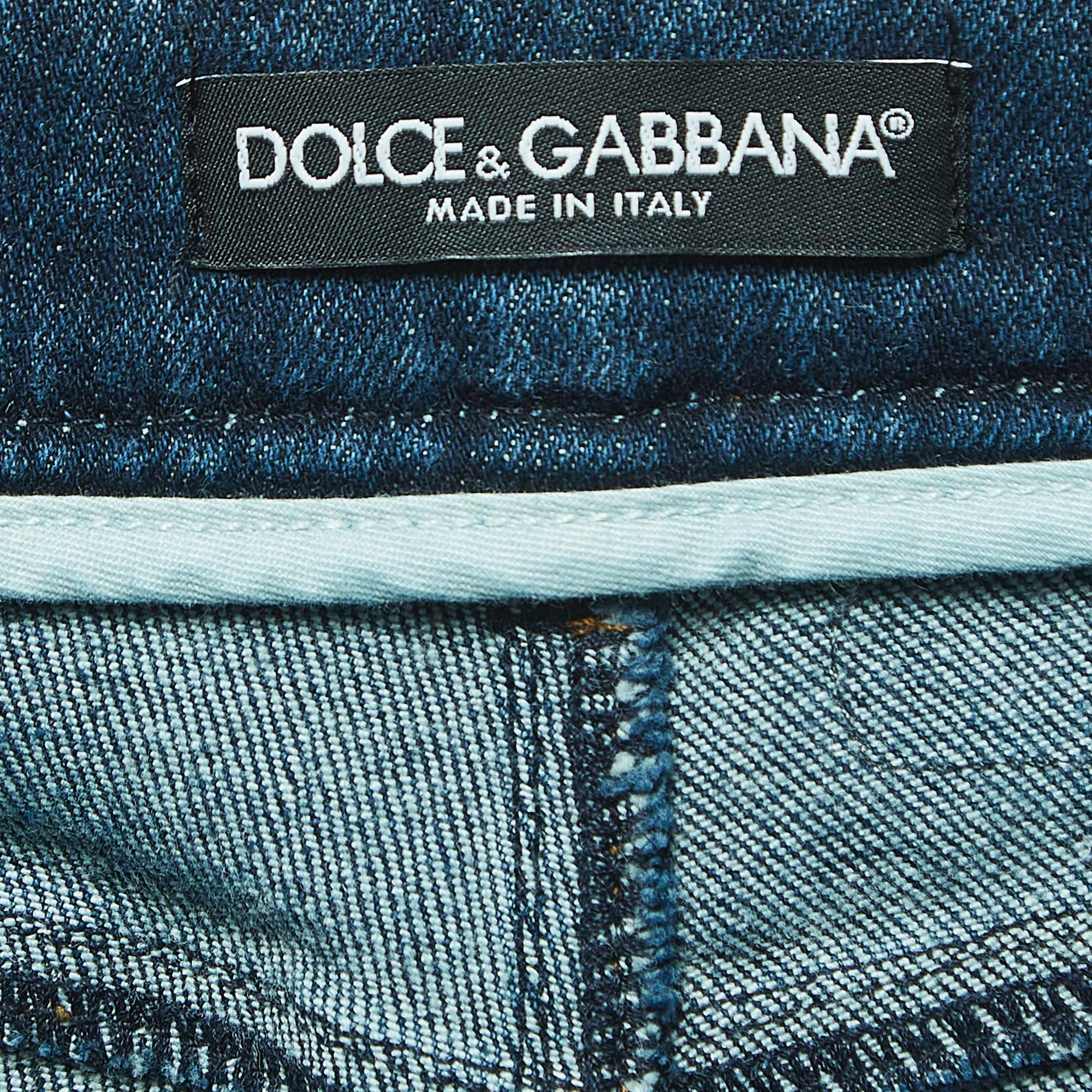 Women's Dolce & Gabbana Blue Distressed Patched Denim Skinny Jeans S For Sale