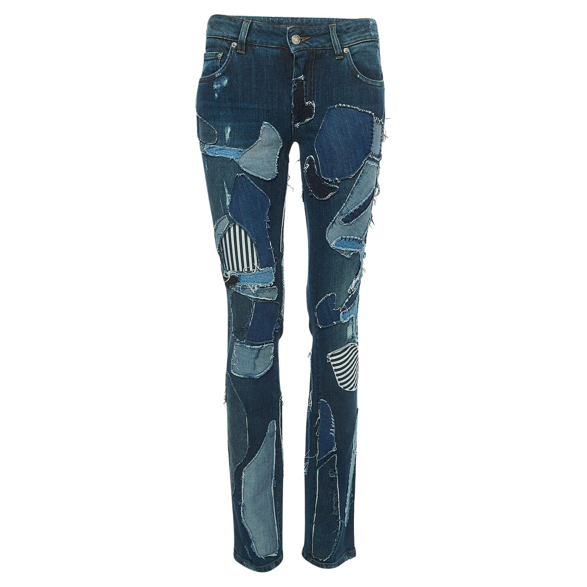 Dolce & Gabbana Blue Distressed Patched Denim Skinny Jeans S For Sale