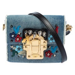 Dolce & Gabbana Blaue verzierte Denim-Mini Lucia-Umhängetasche