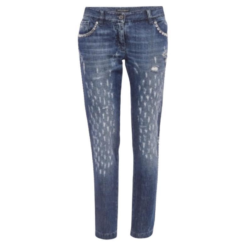 Dolce & Gabbana Blau Verblasste Denim verschönerte Distressed Jeans M Taille 32"