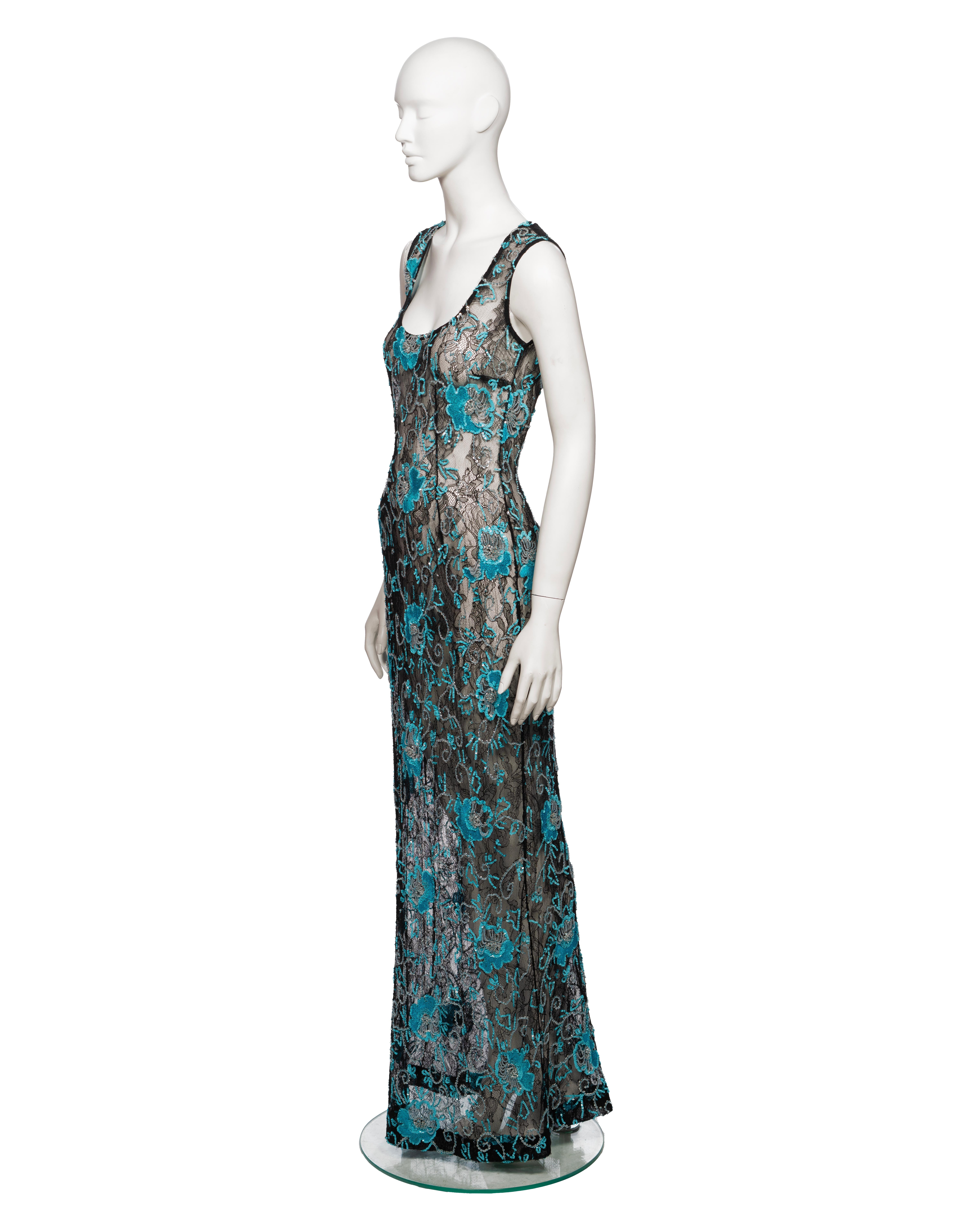 Dolce & Gabbana Blue Floral Embellished Black Lace Evening Dress, FW 1999 For Sale 8