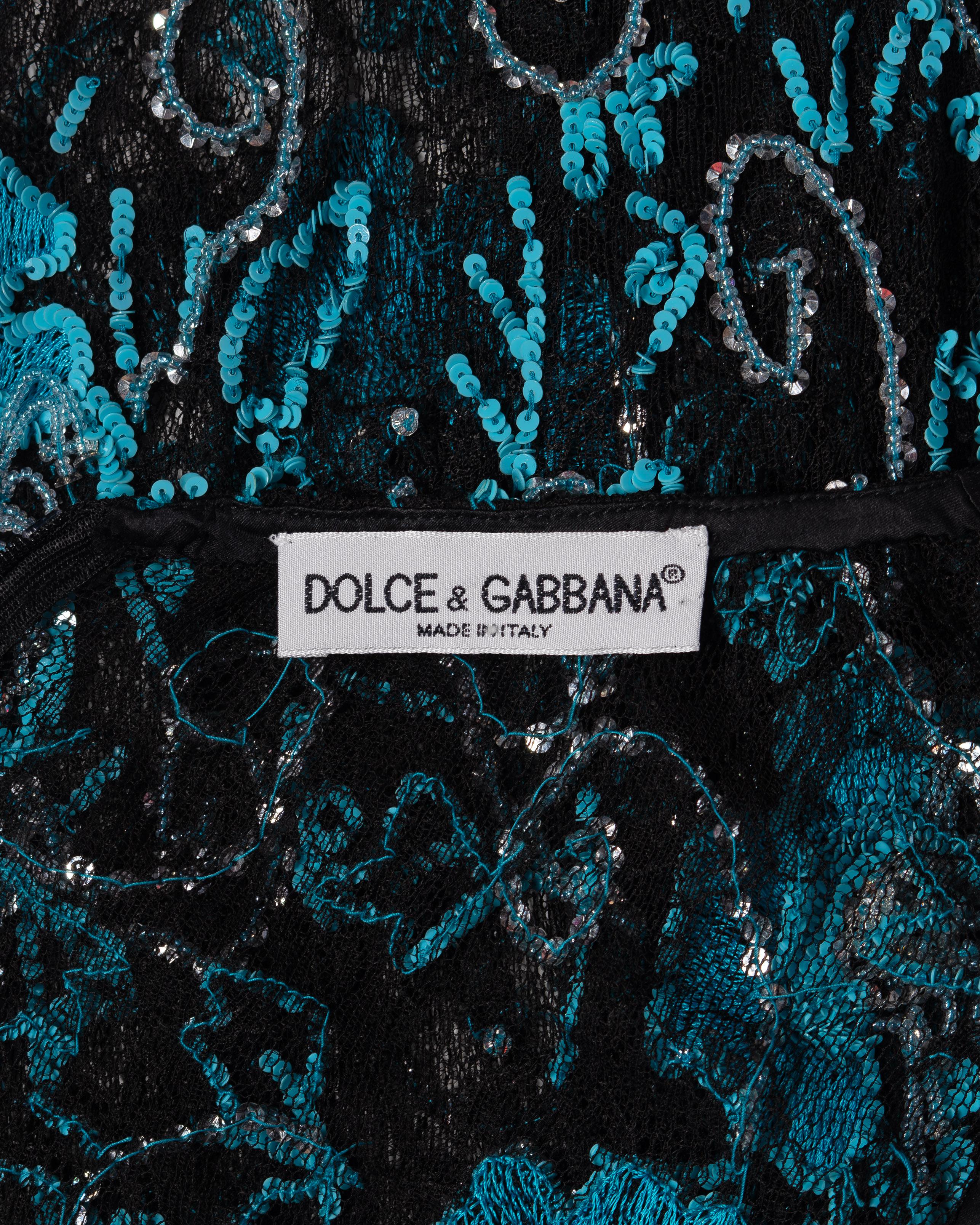 Dolce & Gabbana Blue Floral Embellished Black Lace Evening Dress, FW 1999 For Sale 9