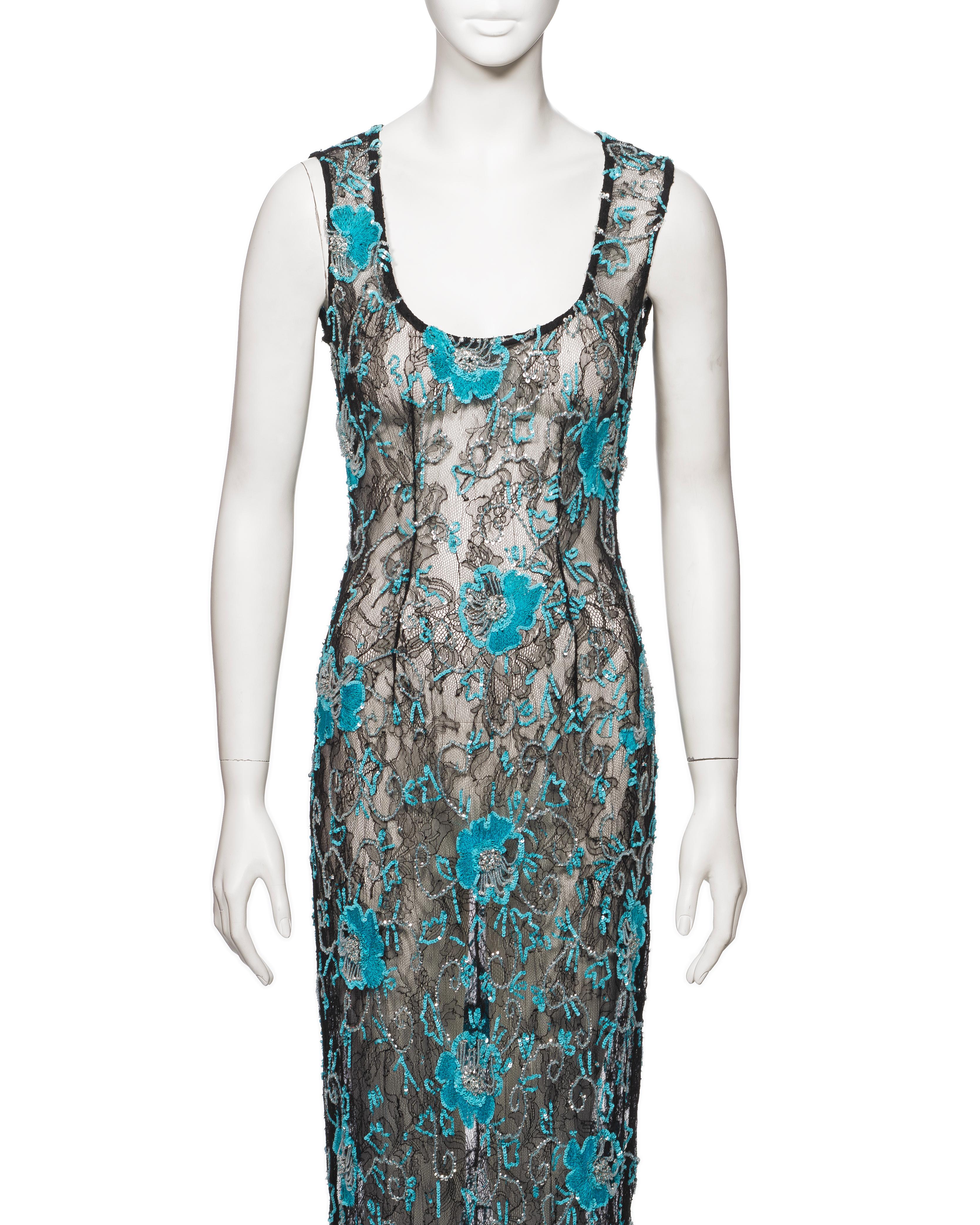 Dolce & Gabbana Blue Floral Embellished Black Lace Evening Dress, FW 1999 In Good Condition For Sale In London, GB