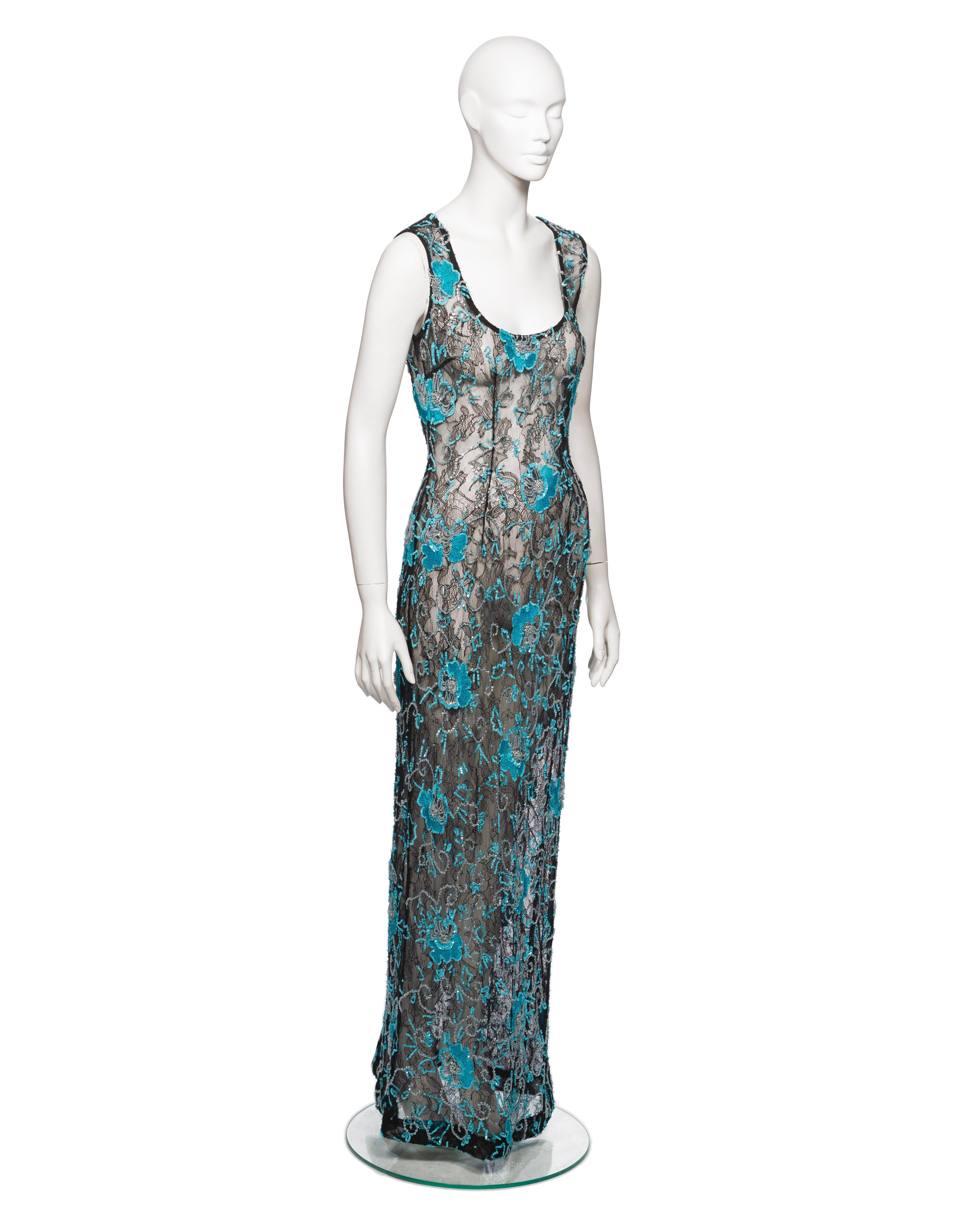 Dolce & Gabbana Blue Floral Embellished Black Lace Evening Dress, FW 1999 For Sale 1