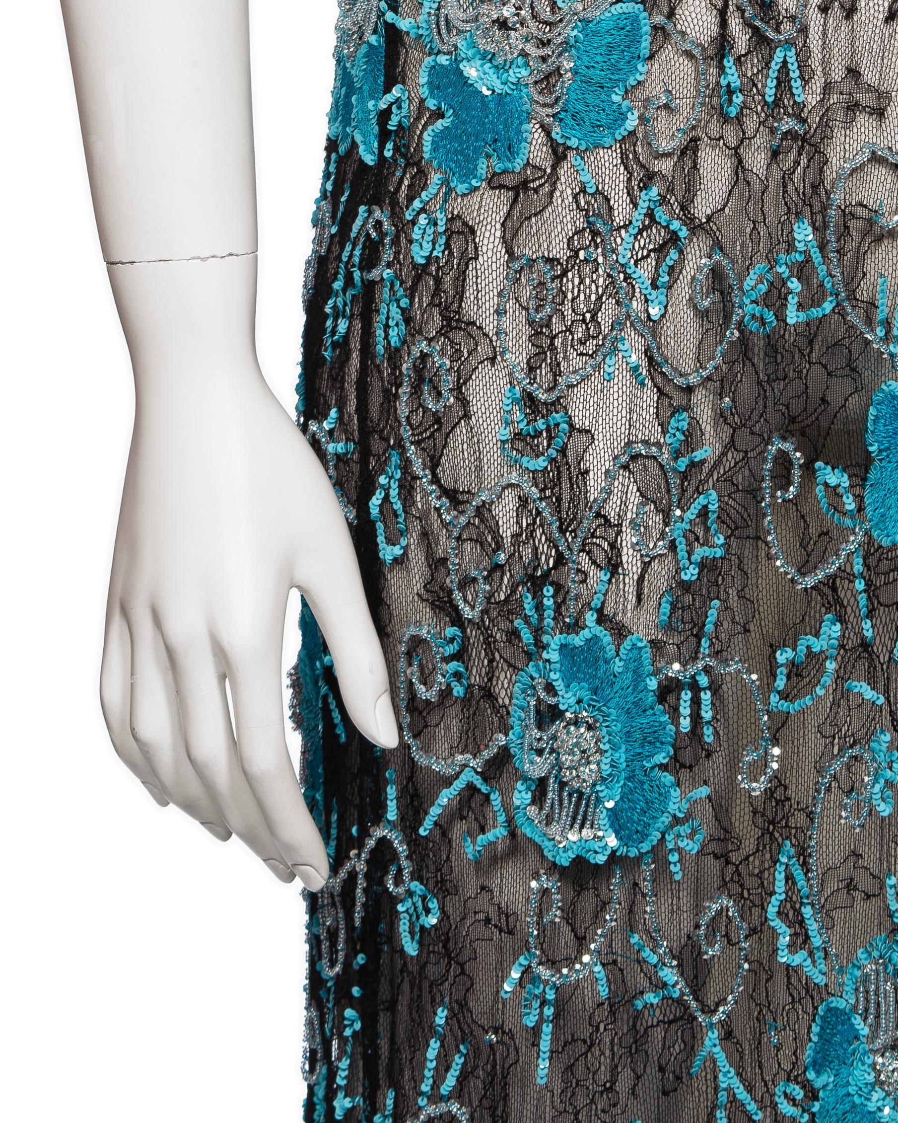 Dolce & Gabbana Blue Floral Embellished Black Lace Evening Dress, FW 1999 For Sale 3