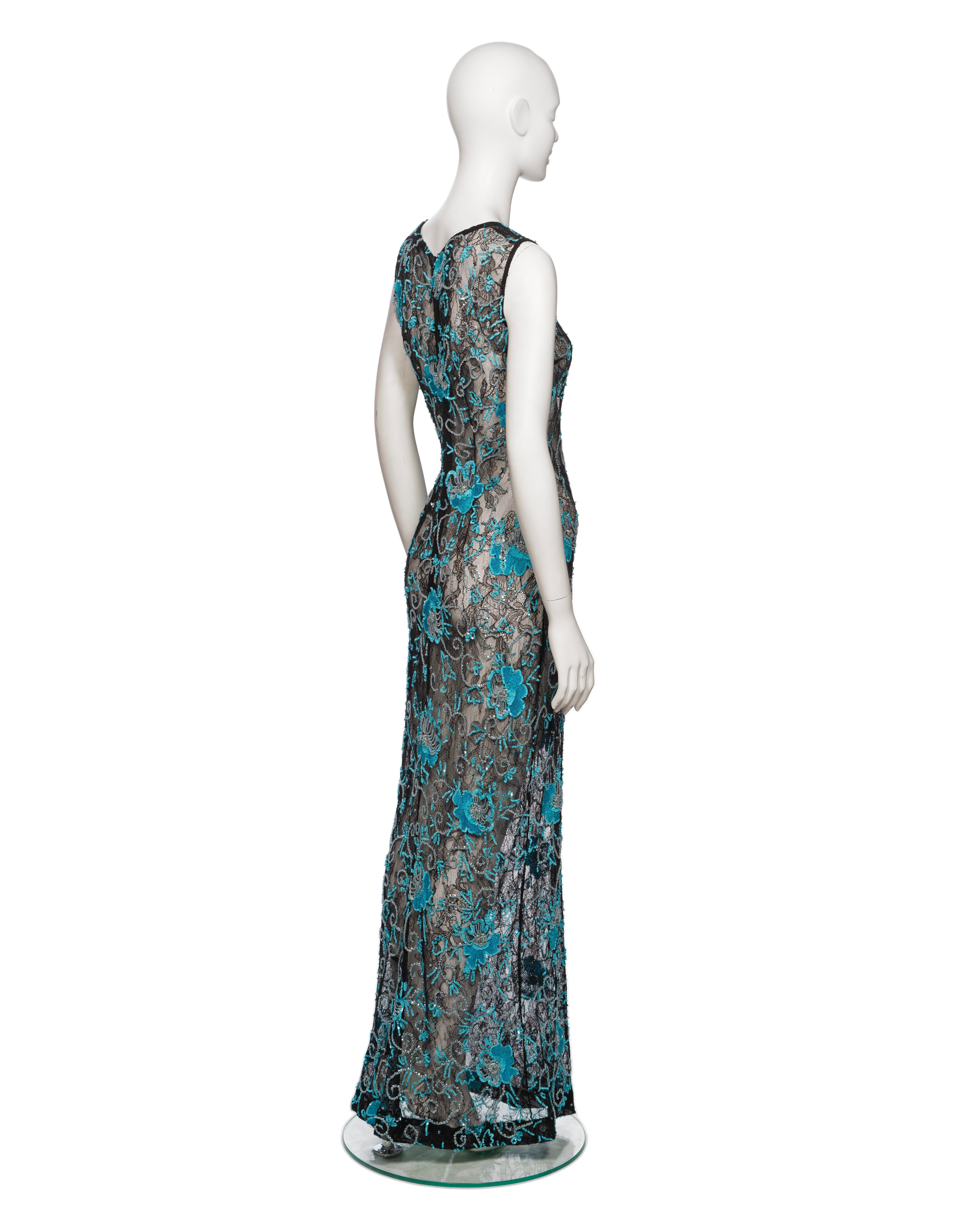 Dolce & Gabbana Blue Floral Embellished Black Lace Evening Dress, FW 1999 For Sale 4
