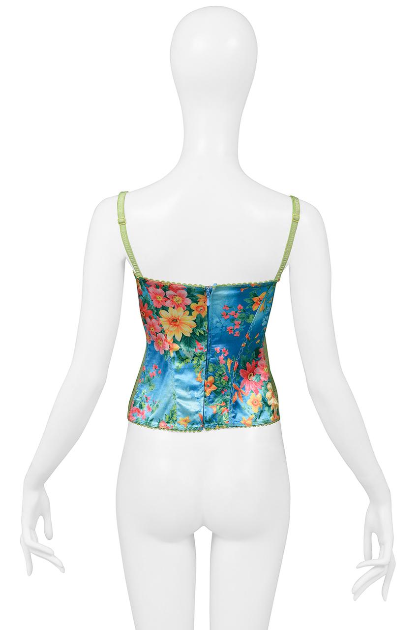 Gray Dolce & Gabbana Blue Floral & Green Lace Camisole Top 2005 For Sale