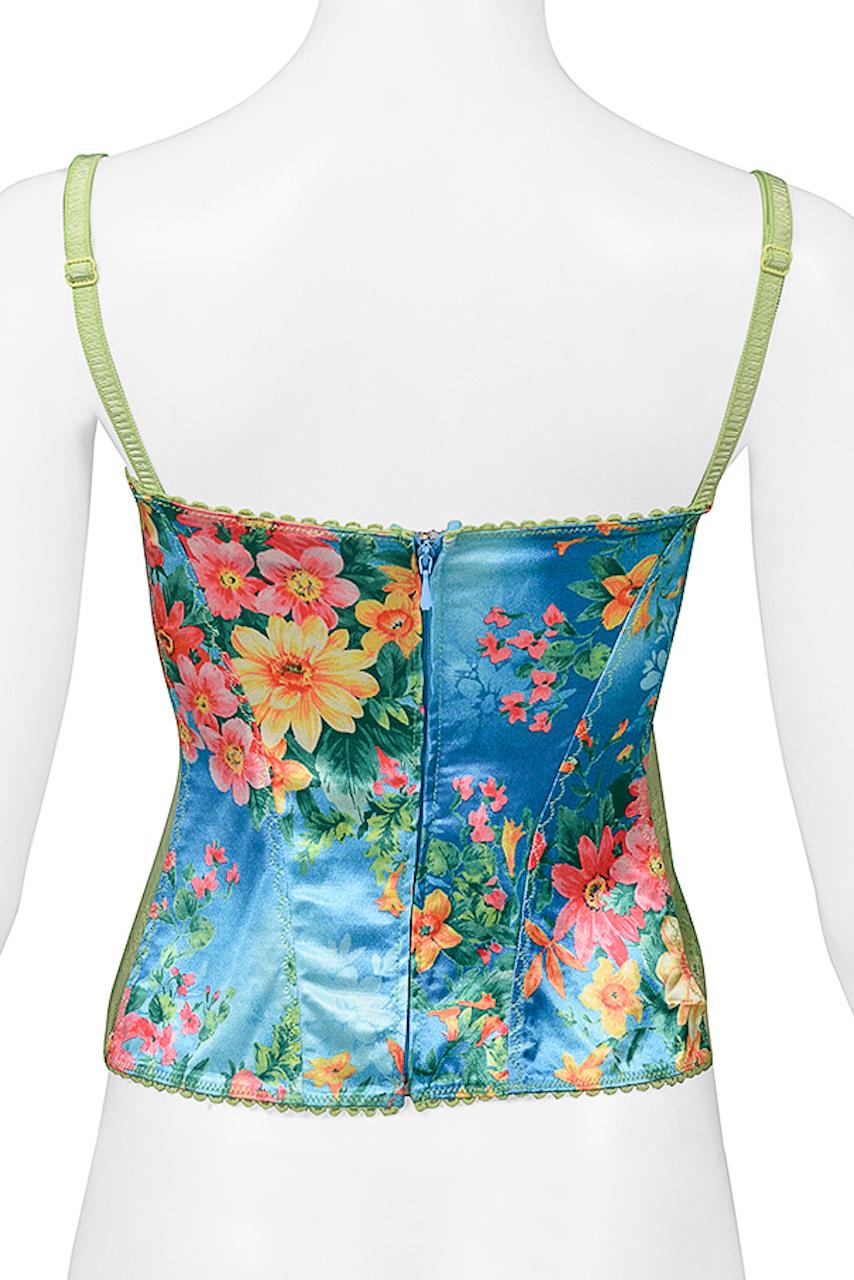 Dolce & Gabbana Blue Floral & Green Lace Camisole Top 2005 In Excellent Condition For Sale In Los Angeles, CA