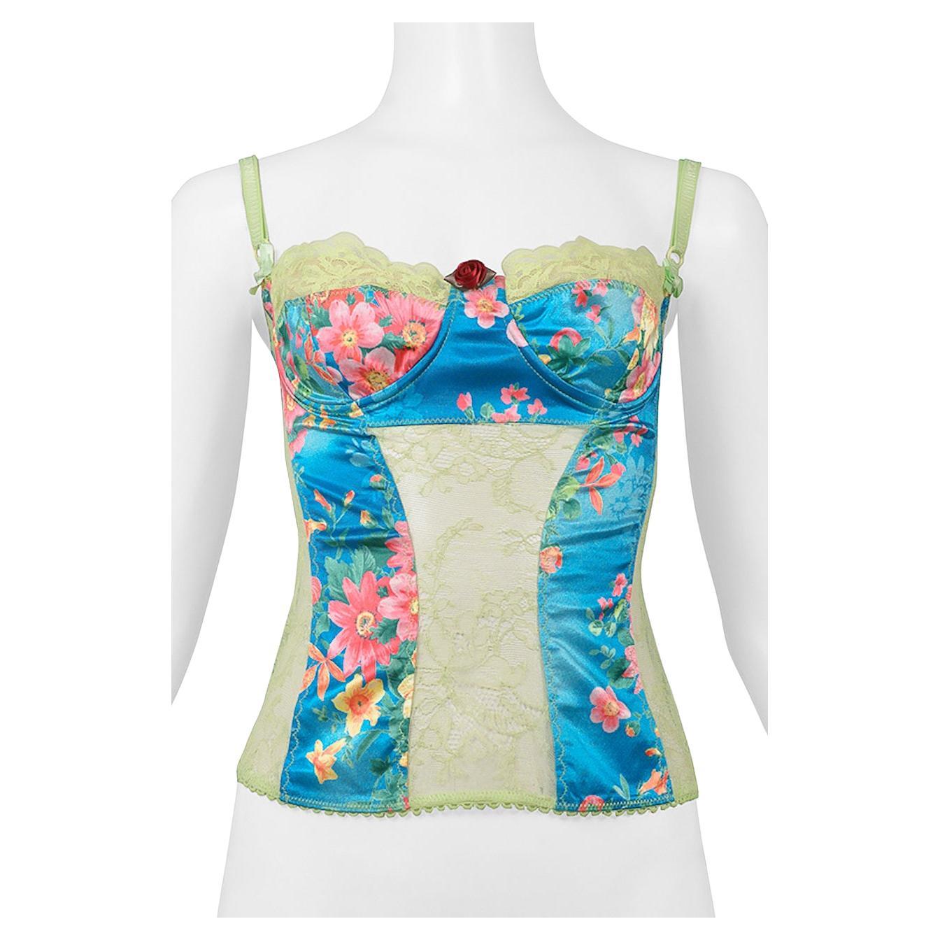 Dolce & Gabbana Blue Floral & Green Lace Camisole Top 2005 For Sale