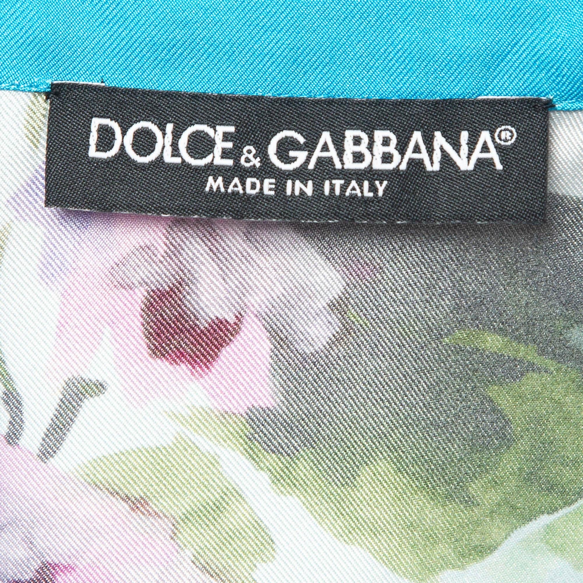 Women's Dolce & Gabbana Blue Floral Print Silk Belted Shirt S For Sale