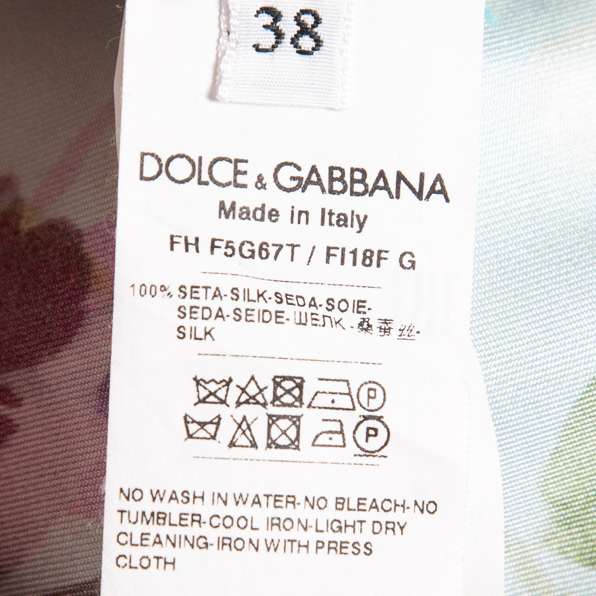 Dolce & Gabbana Blue Floral Print Silk Belted Shirt S For Sale 1